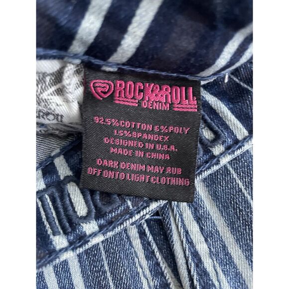 Rock & Roll Jeans 30 x 29 Blue Striped Denim Flared High Rise Red Embroidery - Picture 7 of 13